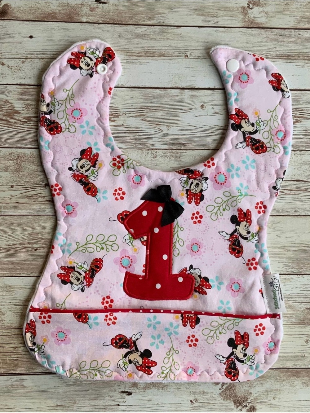 Pink Minnie Mouse First Birthday Bib with Red '1' Applique